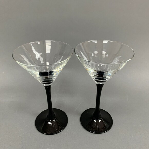 Glasses France Martini Clear Black Stem 6 1/2 Glass Lot of 2 - Picture 2 of 5